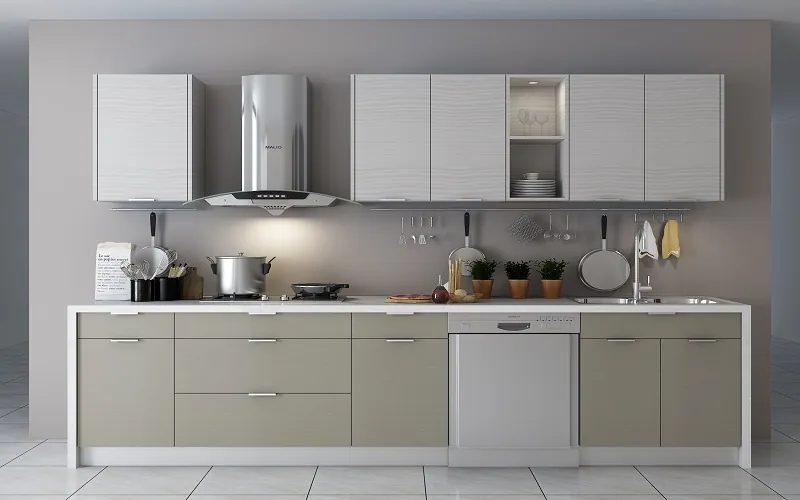 Kitchen in Fabric Gray cabinets